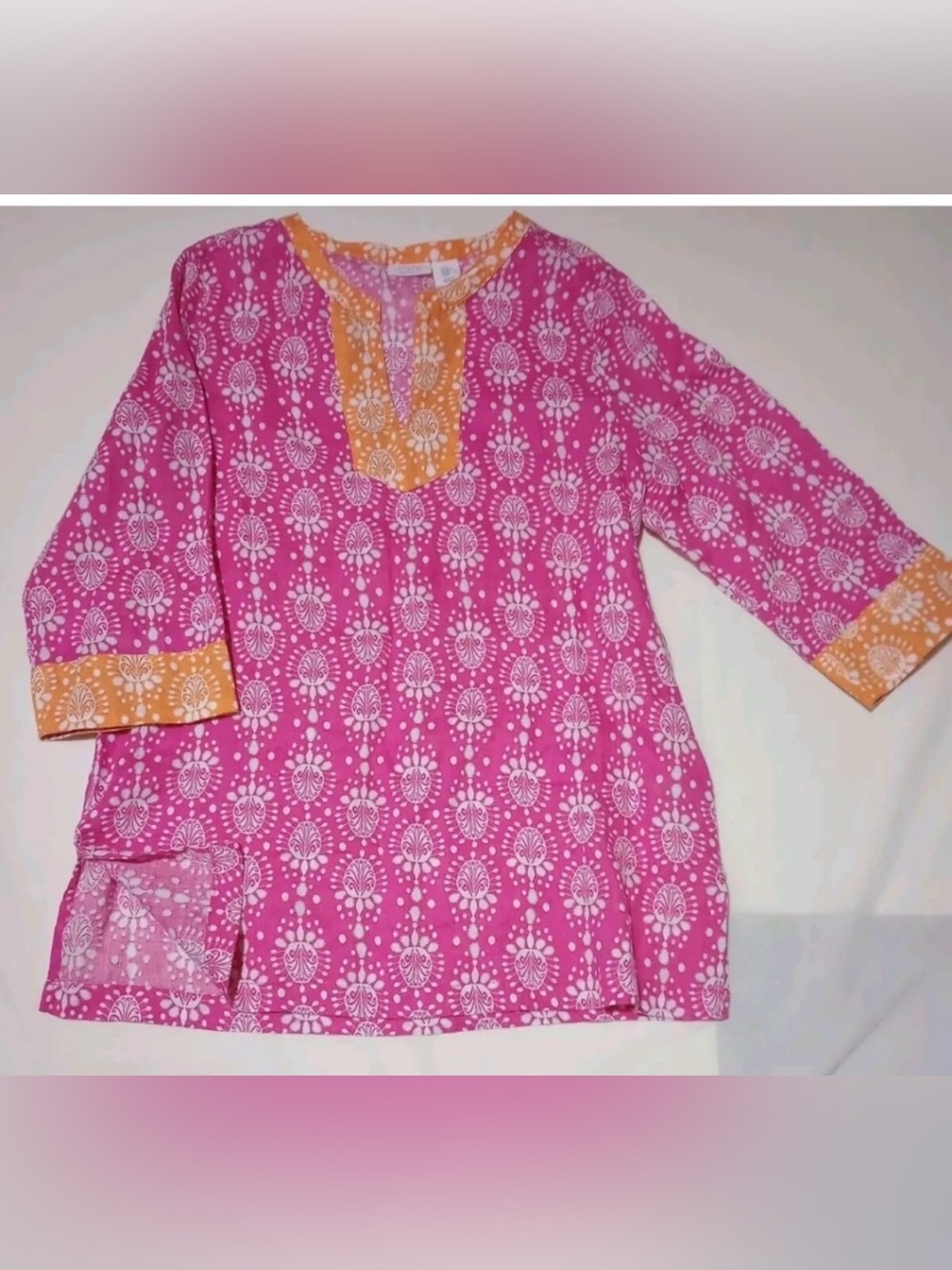 Sigrid Olsen Womens 100% Linen Print Tunic Top Orange /Pink Medium Coastal Shirt